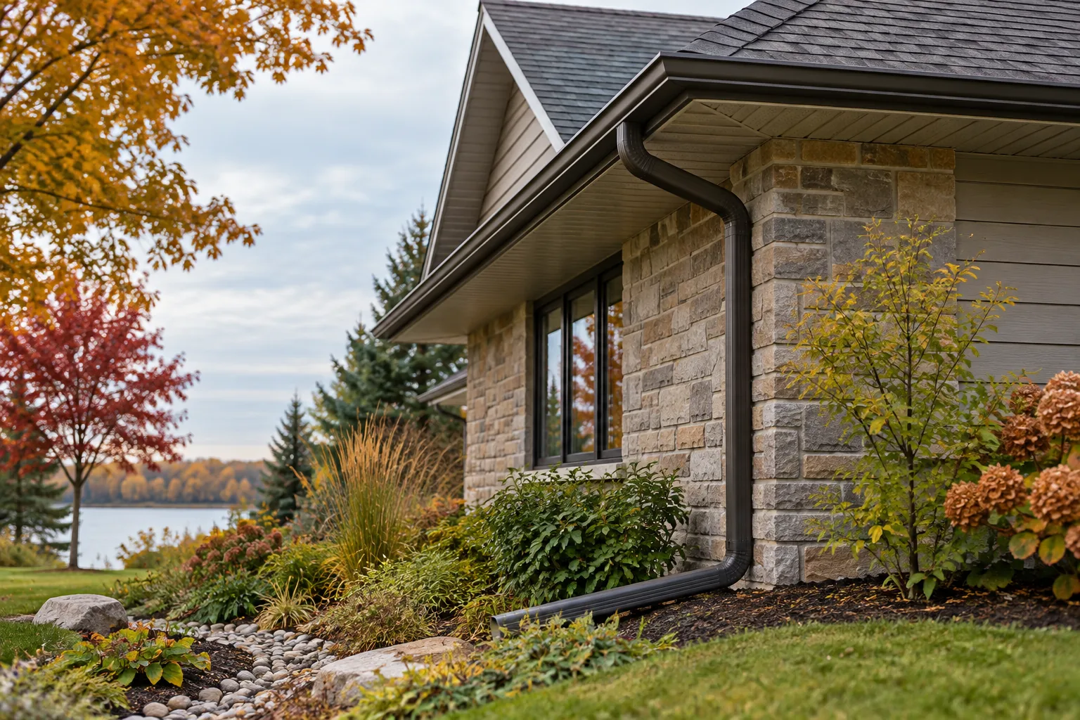 Roof edge, eavestrough and downspout beside a landscaped garden